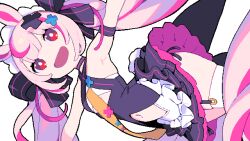 Rule 34 | 1girl, :d, animal ears, armband, armpits, dutch angle, enkyo yuuichirou, flat chest, indie virtual youtuber, long hair, looking at viewer, navel, necktie, open mouth, outstretched arms, pink hair, rabbit ears, red eyes, simple background, smile, solo, spread arms, thighhighs, tomari mari, transparent background, twintails, very long hair, virtual youtuber, white thighhighs, yellow necktie