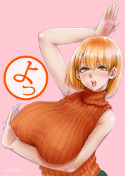 Rule 34 | 1girl, ashley graham, bare shoulders, blonde hair, blush, bob cut, breast hold, breasts, capcom, covered erect nipples, gigantic breasts, highres, huge breasts, lips, looking at viewer, open mouth, orange shirt, pink background, resident evil, resident evil 4, ribbed sweater, sgk, shirt, short hair, simple background, sleeveless, sleeveless turtleneck, smile, solo, speech bubble, sweater, turtleneck, yellow eyes