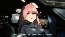 Rule 34 | 1girl, blue bodysuit, bodysuit, breasts, chest strap, collarbone, commentary, covered collarbone, crossed bangs, english text, fang, girls&#039; frontline, hair ornament, hairclip, highres, hinami047, interstellar (movie), large breasts, long hair, looking away, mole, mole under eye, open mouth, pink hair, red eyes, reflection, sidelocks, sig mcx (girls&#039; frontline), sig mcx (trans-dimensional sentinel) (girls&#039; frontline), sitting, solo, spacecraft interior, strap, subtitled