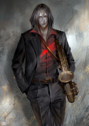 Rule 34 | absurdres, androgynous, artist name, black hair, closed mouth, cowboy bebop, formal, grencia mars elijah guo eckener, highres, holding, holding instrument, instrument, jacket, long hair, looking to the side, male focus, red shirt, sapphire art, saxophone, shirt, solo, suit, t-shirt