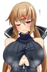 Rule 34 | 1girl, black bow, black sweater, blush, bow, breasts, brown eyes, brown hair, cleavage, cleavage cutout, clothing cutout, hair between eyes, hair bow, hair ornament, hairclip, highres, kantai collection, komb, large breasts, long hair, low twintails, one eye closed, open mouth, ribbed sweater, simple background, sleeveless, sleeveless sweater, solo, sweater, tashkent (kancolle), turtleneck, turtleneck sweater, twintails, upper body, white background