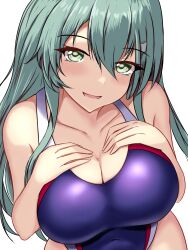Rule 34 | 1girl, aqua eyes, aqua hair, blush, breasts, competition swimsuit, covered navel, hair ornament, hairclip, hands on own chest, highres, kantai collection, large breasts, long hair, looking at viewer, montemasa, multicolored clothes, multicolored swimsuit, one-piece swimsuit, purple one-piece swimsuit, smile, solo, suzuya (kancolle), swimsuit, upper body
