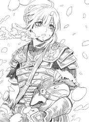 Rule 34 | 10s, 1girl, ahoge, armor, artist request, blonde hair, breath, drawfag, fate/extra, fate (series), green eyes, greyscale, monochrome, nero claudius (fate), nero claudius (fate) (all), nero claudius (fate/extra), roman armor, short hair, solo, source request, upper body, white background