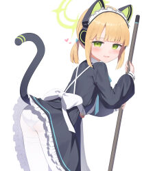 Rule 34 | 1girl, animal ear headphones, animal ears, back bow, black dress, blonde hair, blue archive, blunt bangs, blush, bow, broom, cat ear headphones, cat tail, commentary, cowboy shot, dress, fake animal ears, frilled dress, frills, from behind, green eyes, green halo, halo, headphones, heart, highres, holding, holding broom, leaning forward, long sleeves, looking back, maid headdress, midori (blue archive), midori (maid) (blue archive), official alternate costume, panties, panties under pantyhose, pantyhose, parted lips, puffy long sleeves, puffy sleeves, short hair, simple background, solo, tail, takeroku, thighband pantyhose, twintails, underwear, upskirt, white background, white bow, white panties, white pantyhose