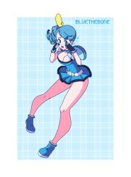 Rule 34 | 1girl, artist name, bare legs, black gloves, blue footwear, blue hair, bluethebone, blush stickers, border, breasts, cleavage, covered navel, creatures (company), fingerless gloves, full body, game freak, gloves, hair ornament, highres, long hair, looking at viewer, nintendo, personification, pokemon, powerpuff girls z, shoes, sobble, solo, standing, tears, white border