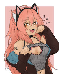 Rule 34 | 1girl, animal ear fluff, animal ear hairband, animal ear headwear, animal ears, arknights, barcode, barcode tattoo, blush, breasts, brown eyes, cat ear hairband, cat ears, center opening, choker, cleavage, cleavage cutout, clothing cutout, commentary, dated, dokonjou (odossan), english commentary, fake animal ears, fangs, gravel (arknights), hairband, long hair, looking at viewer, medium breasts, meme attire, open-chest sweater, paw pose, pink hair, prairie dog ears, shoulder tattoo, simple background, smile, solo, sweater, tattoo