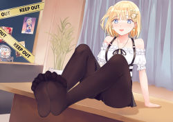 Rule 34 | 1girl, black pantyhose, blonde hair, blue eyes, blush, caution tape, earrings, feet, hololive, hololive english, jewelry, kou futoshi, medium hair, open mouth, pantyhose, skirt, soles, solo, suspender skirt, suspenders, thighs, toes, virtual youtuber, watson amelia