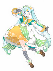 Rule 34 | 1girl, agonasubi, black gloves, black socks, blue hair, boots, bow, brown footwear, capelet, coattails, commentary, contrapposto, earrings, food-themed hair ornament, full body, gloves, gradient hair, green hair, green skirt, hair ornament, hand up, hatsune miku, highres, hoop skirt, jewelry, kneehighs, leg up, light blue hair, long hair, looking at viewer, medal, multicolored hair, orange capelet, orange hair, orange skirt, outstretched arm, puffy sleeves, quilted clothes, skirt, snowflake print, socks, solo, streaked hair, striped clothes, striped skirt, striped socks, twintails, very long hair, vocaloid, white background, white bow, white headdress, yuki miku, yuki miku (2024) (candidate no.1)