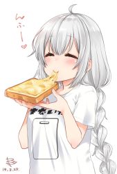 Rule 34 | 1girl, ahoge, blush, braid, bread slice, cheese, closed eyes, commentary request, dated, eating, food, highres, kizuna akari, long hair, shirt, short sleeves, silver hair, simple background, solo, toast, voiceroid, white background, white shirt, yamada sakura