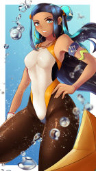 Rule 34 | 1girl, armband, armlet, black hair, blue background, blue eyes, blurry, brown pantyhose, competition swimsuit, covered navel, cowboy shot, creatures (company), dark-skinned female, dark skin, depth of field, earrings, game freak, gym leader, hand on own hip, highleg, highleg swimsuit, highres, hoop earrings, jewelry, long hair, looking at viewer, nessa (pokemon), nintendo, one-piece swimsuit, pantyhose, pantyhose under swimsuit, parted lips, pokemon, pokemon swsh, shumiao, solo, swimsuit, water, white one-piece swimsuit
