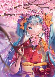 Rule 34 | 1girl, alternate costume, blue eyes, blue hair, blue nails, blurry, blurry background, blurry foreground, bow, branch, cherry blossoms, day, depth of field, flat chest, floral print, flower, hair bow, hair flower, hair ornament, hatsune miku, holding, holding branch, ika (4801055), japanese clothes, kimono, light particles, long hair, long sleeves, looking at viewer, nail polish, obi, one eye closed, orange bow, outdoors, print kimono, red kimono, red ribbon, ribbon, sash, signature, spring (season), twintails, twitter username, upper body, very long hair, vocaloid, wide sleeves