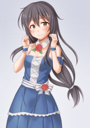 Rule 34 | 1girl, alternate costume, anti (untea9), bare shoulders, black hair, blue dress, blush, breasts, brown eyes, collarbone, cowboy shot, detached collar, detached sleeves, dress, flower, frills, gradient background, grey background, hair between eyes, hatsushimo (kancolle), highres, kantai collection, long hair, looking at viewer, low-tied long hair, puffy detached sleeves, puffy sleeves, rose, sash, small breasts, smile, solo, twitter username, wrist cuffs