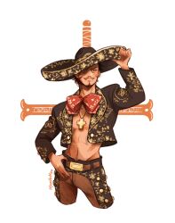 Rule 34 | 1boy, adjusting clothes, adjusting headwear, arm up, artist name, black hair, black jacket, bow, closed mouth, cowboy shot, cropped legs, cross, cross necklace, dracule mihawk, facial hair, goatee, hand on belt, hat, highres, jacket, jewelry, male focus, mexican clothes, morilatte art, mustache, navel, necklace, one eye covered, one piece, open clothes, patterned clothing, red bow, shaded face, short hair, sideburns, simple background, sketch, sombrero, white background, yellow eyes, yoru (sword)