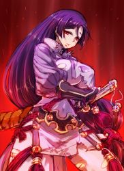 Rule 34 | 1girl, blood, blood on face, bodysuit, breasts, commentary, covered navel, fate/grand order, fate (series), fingerless gloves, gloves, hourai kochou, huge breasts, large breasts, long hair, looking at viewer, minamoto no raikou (fate), parted bangs, purple eyes, purple hair, solo, sword, torn clothes, very long hair, weapon
