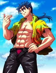 Rule 34 | 1boy, abs, blue hair, cu chulainn (fate), cu chulainn (fate/stay night), day, earrings, fate/hollow ataraxia, fate/stay night, fate (series), highres, jewelry, leather, leather pants, long hair, male focus, manly, masurao bc, muscular, official alternate costume, one eye closed, open clothes, open pants, open shirt, pants, polearm, ponytail, red eyes, shirt, sky, solo, unbuttoned, weapon, wink