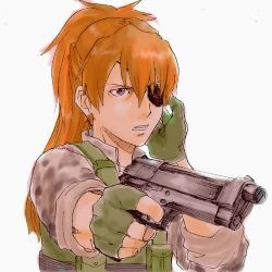 Rule 34 | 10s, artist request, beretta 92, evangelion: 3.0 you can (not) redo, eyepatch, finger on trigger, gloves, gun, handgun, holding, holding gun, holding weapon, load bearing vest, long hair, lowres, neon genesis evangelion, orange hair, pistol, rebuild of evangelion, solo, source request, souryuu asuka langley, suimame, weapon, white background