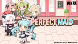 Rule 34 | 5girls, ade (nikke), ahoge, animal ears, animal print, antenna hair, apron, aqua hair, bell, black bow, black dress, black footwear, black ribbon, black thighhighs, blonde hair, bow, brown eyes, cat ears, cat print, cat tail, chibi, closed mouth, cocoa (nikke), commentary, copyright name, cup, dot nose, drake (maid for villain) (nikke), drake (nikke), dress, english commentary, english text, frilled apron, frills, full body, glasses, gloves, goddess of victory: nikke, green eyes, green hair, green necktie, grey hair, hair ornament, hair ribbon, hairclip, highres, holding, holding plate, juliet sleeves, light blush, long hair, long sleeves, looking at viewer, maid headdress, multiple girls, neck bell, neck ribbon, necktie, official art, open mouth, parted bangs, pink eyes, pink hair, plant, plate, potted plant, privaty (nikke), privaty (unkind maid) (nikke), puffy sleeves, red eyes, red headwear, ribbon, round teeth, semi-rimless eyewear, soda (nikke), spilling, standing, standing on one leg, swept bangs, tail, teeth, thighhighs, twintails, upper teeth only, v-shaped eyebrows, very long hair, waist apron, white apron, white gloves, white thighhighs