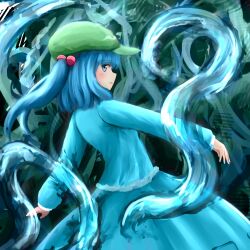 Rule 34 | 1girl, blue eyes, blue hair, blue shirt, blue skirt, closed mouth, commentary request, expressionless, flat cap, green hat, hair bobbles, hair ornament, hat, highres, hydrokinesis, kawashiro nitori, kuneamorai, long sleeves, looking at viewer, medium hair, shirt, skirt, solo, touhou, two side up, water