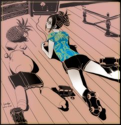 Rule 34 | 1girl, ass, book, food, fruit, game controller, glasses, kyan-dog, lying, on stomach, original, pineapple, roller skates, short shorts, shorts, skates, solo, space invaders, surreal, wooden floor