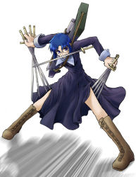 Rule 34 | 00s, 1girl, black keys (type-moon), blue eyes, blue hair, boots, ciel (tsukihime), cross-laced footwear, dress, glasses, lace-up boots, legs apart, matching hair/eyes, mouth hold, pile bunker, seventh holy scripture, short hair, solo, standing, tsukihime, weapon