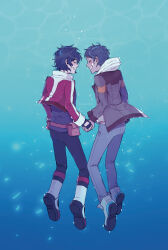 Rule 34 | 2boys, black hair, blush, boots, brown hair, closed eyes, dark-skinned male, dark skin, fingerless gloves, floating, gloves, gummybear2379, highres, holding hands, hood, hoodie, jacket, keith (voltron), lance (voltron), long sleeves, male focus, multiple boys, pants, red jacket, shoes, smile, voltron: legendary defender, voltron (series), white hoodie, yaoi