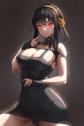 Rule 34 | 1girl, absurdres, backlighting, bare shoulders, black dress, black gloves, black hair, black panties, breasts, cleavage, closed mouth, covered navel, dress, expressionless, fingerless gloves, flower, gloves, gold hairband, grey background, hair flower, hair ornament, hairband, highres, index finger raised, izei1337, large breasts, light particles, looking at viewer, making-of available, panties, pantyshot, red eyes, short dress, sidelocks, solo, spy x family, underwear, yor briar