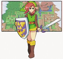 Rule 34 | 1boy, absurdres, belt, blush, boots, brown footwear, brown shirt, chromatic aberration, closed mouth, collared shirt, earrings, full body, gem, green eyes, green hat, hat, highres, holding, holding shield, holding sword, holding weapon, hylian shield, jewelry, knee boots, link, long sleeves, looking at viewer, male focus, map, master sword, medium hair, multiple earrings, nano (nanolovesyou), nintendo, pointy ears, red gemstone, red hair, shield, shirt, sidelocks, solo, split mouth, standing, straight-on, sword, the legend of zelda, the legend of zelda: a link to the past, thighs, triforce, tunic, weapon, yellow gemstone
