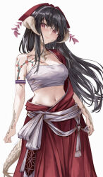 Rule 34 | 1girl, arm tattoo, armband, atiarta7, au ra, black hair, blush, breasts, brown eyes, cleavage, collarbone, commentary, commission, contrapposto, dragon horns, dragon tail, english commentary, final fantasy, final fantasy xiv, hakama, hakama pants, head tilt, highres, horns, japanese clothes, light blush, long hair, looking at viewer, medium breasts, navel, off shoulder, original, pants, purple eyes, sarashi, scales, simple background, solo, tail, tattoo, white background