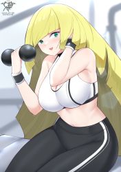 Rule 34 | 1girl, absurdres, alternate costume, blonde hair, breasts, cleavage, creatures (company), exercising, game freak, green eyes, highres, kaos art, large breasts, long hair, lusamine (pokemon), navel, nintendo, open mouth, pokemon, pokemon sm, solo, very long hair, weightlifting