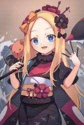 Rule 34 | 1girl, :d, abigail williams (fate), black bow, blonde hair, blue eyes, blush, bow, breasts, cosplay, fate/grand order, fate (series), forehead, giant brush, hair bow, hair ornament, hairpin, highres, japanese clothes, katsushika hokusai (fate), katsushika hokusai (fate) (cosplay), kimono, long hair, long sleeves, looking at viewer, miya (miyaruta), multiple bows, obi, open mouth, orange bow, paintbrush, parted bangs, purple kimono, red kimono, sash, sidelocks, small breasts, smile, stuffed animal, stuffed toy, teddy bear, wide sleeves