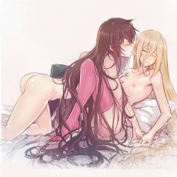 Rule 34 | 2girls, all fours, ass, bandages, bed, between legs, biting, black hair, blonde hair, blue eyes, blush, grabbing another&#039;s breast, breasts, brown hair, collarbone, ear biting, closed eyes, frown, garter straps, girl on top, grabbing, hair between eyes, highres, interlocked fingers, lips, long hair, looking at another, lying, magilou (tales), messy hair, multiple girls, nipples, nude, on back, one eye closed, pillow, pink legwear, pointy ears, simple background, small breasts, tales of (series), tales of berseria, thighhighs, tusia, velvet crowe, very long hair, white background, yellow eyes, yuri