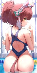 Rule 34 | 1girl, absurdres, alternate costume, animal ears, ass, back, back cutout, bare arms, bare shoulders, blue one-piece swimsuit, blurry, blurry background, blush, brown hair, closed mouth, clothing cutout, commentary request, dantsu flame (umamusume), ear covers, from behind, highres, horse ears, horse girl, horse tail, huge ass, looking at viewer, looking back, multicolored hair, one-piece swimsuit, partially submerged, ponytail, pool, shumai il, smile, solo, streaked hair, swimsuit, tail, tail through clothes, umamusume, white hair, yellow eyes