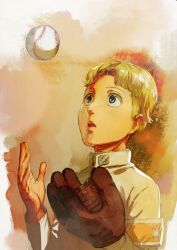 Rule 34 | 1boy, absurdres, awestruck, baseball, baseball glove, blonde hair, child, commentary request, highres, male focus, military uniform, promotional art, second-party source, shingeki no kyojin, short hair, syo5, tareme, uniform, upper body, zeke yeager