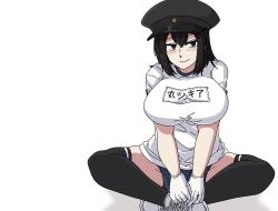Rule 34 | 1girl, akitsu maru (kancolle), alternate costume, black eyes, black hair, black thighhighs, blue shorts, breasts, commentary request, gloves, gym uniform, hat, highres, indian style, k teitoku, kantai collection, large breasts, looking at viewer, name tag, pale skin, peaked cap, shirt, shoes, short hair, shorts, simple background, sitting, sneakers, solo, t-shirt, thighhighs, white background, white gloves, white shirt
