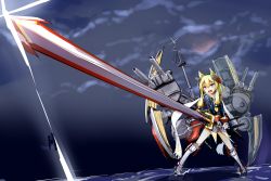 Rule 34 | 1girl, azur lane, blonde hair, blush, boots, gloves, highres, holding, holding sword, holding weapon, kneehighs, legs apart, long hair, long sleeves, machinery, momo (higanbana and girl), open mouth, outdoors, pink eyes, scarf, sidelocks, socks, solo, sparkle, standing, sunrise stance, sword, warspite (azur lane), weapon, white gloves, white socks, white scarf