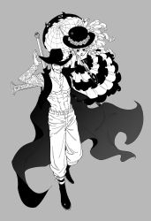 Rule 34 | 1boy, 1girl, abs, artist request, breasts, crown, dracule mihawk, dress, drill hair, facial hair, floating, floating hair, full body, hat, highres, holding, holding umbrella, long hair, looking at another, looking back, manly, monochrome, mustache, one piece, pectorals, perona, pink hair, short hair, sword, umbrella, very long hair, weapon, yoru (one piece)