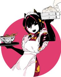 Rule 34 | 1girl, :d, animal ears, apron, black eyes, black hair, bowl, cat ears, china dress, chinese clothes, colored skin, dress, food request, hair between eyes, hand up, holding, holding tray, idkuroi, kokubunji suou, looking at viewer, maid apron, maid headdress, mechanical ears, medium hair, mole, mole under mouth, open mouth, original, red dress, sharp teeth, smile, solo, standing, teeth, tray, white apron, white skin