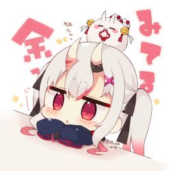 Rule 34 | 1girl, :&lt;, :3, bell, black bow, blush, blush stickers, bow, chibi, closed eyes, closed mouth, gradient hair, grey hair, hair bow, hair ornament, hairclip, hands up, hololive, horns, jingle bell, long hair, long sleeves, multicolored hair, muuran, nakiri ayame, nakiri ayame (streetwear), on head, oni, parted lips, red eyes, red hair, shiranui (nakiri ayame), sidelocks, simple background, skin-covered horns, sleeves past fingers, sleeves past wrists, sparkle, streaked hair, translation request, triangle mouth, twintails, twitter username, virtual youtuber, white background, x hair ornament