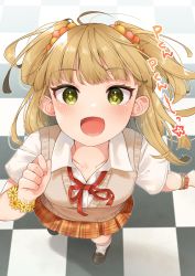 Rule 34 | 1girl, :o, absurdres, ahoge, blonde hair, blunt ends, blush, checkered floor, collarbone, fangs, full body, hair bobbles, hair ornament, hand up, highres, idolmaster, idolmaster cinderella girls, jougasaki rika, kneehighs, looking at viewer, looking up, mary janes, neck ribbon, nekonomimi, open collar, plaid, plaid skirt, pleated skirt, ribbon, school uniform, shoes, short sleeves, skirt, socks, solo, sparkling eyes, sweater vest, two side up, wristband