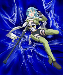 Rule 34 | 10s, 1girl, anti-materiel rifle, bipod, black gloves, black shorts, blue eyes, blue hair, bolt action, breasts, cleavage, fingerless gloves, gloves, green jacket, green legwear, gun, highres, holding, holding gun, holding weapon, jacket, matching hair/eyes, medium breasts, no-ppo, open clothes, open jacket, open mouth, pgm hecate ii, rifle, scope, short shorts, shorts, sinon, sniper rifle, solo, sword art online, weapon