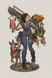 1girl absurdres ammunition_box armor asphodelles_art bandana baseball basket belt black_hair boots bottle bra bullet clothes_hanger detergent dog dog_tags dogmeat facepaint fallout_(series) fallout_4 fat_man_(fallout) goggles goggles_on_head grass gun halloween_bucket handgun highres holster nuka_cola pauldrons pebble pen pip_boy pocket_watch pouch road rope short_hair shoulder_armor shoulder_pouch single_pauldron sole_survivor_(female) stimpak_(fallout) stuffed_animal stuffed_toy teddy_bear toothbrush towel toy_car underwear watch weapon