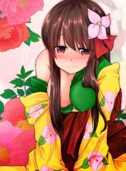 Rule 34 | 1girl, bare shoulders, blush, breasts, brown eyes, brown hair, censored, cleavage, convenient censoring, female focus, field, flower, flower field, hair ornament, hazuki kyou, hieda no akyuu, japanese clothes, kimono, large breasts, long hair, off shoulder, aged up, red eyes, smile, solo, touhou