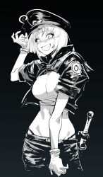 1girl absurdres black_background blush breasts check_copyright chinese_commentary copyright_request cropped_jacket gloves greyscale grin hat highres looking_at_viewer midriff monochrome original panty_straps police_hat ritual_baton shizuoxing_kof short_hair short_sleeves simple_background smile solo