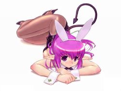 Rule 34 | 1girl, animal ears, blush, bow, bowtie, breast press, breasts, demon girl, demon tail, earrings, elf, fake animal ears, full body, hair ribbon, high heels, inu777, jewelry, leotard, long hair, lying, medium breasts, nira (character), on stomach, oouchi takadou, original, pantyhose, playboy bunny, pointy ears, ponytail, purple eyes, purple hair, rabbit ears, ribbon, shadow, shiny clothes, shoes, sideboob, simple background, single earring, smile, solo, tail, wallpaper, wrist cuffs