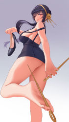 Rule 34 | 1girl, absurdres, ass, bare legs, bare shoulders, barefoot, black dress, breasts, buyong22, dagger, dress, dual wielding, earrings, flower, foreshortening, hair flower, hair ornament, hairband, high heels, highres, holding, jewelry, knife, large breasts, red eyes, rose, shoes, short dress, sideboob, sidelocks, sleeveless, sleeveless dress, soles, spy x family, thighs, toes, unworn shoes, weapon, yor briar