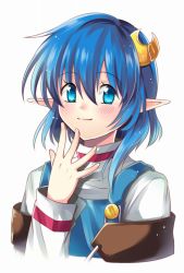 Rule 34 | 1girl, ahoge, blue eyes, blue hair, cape, closed mouth, crescent, crescent hair ornament, hair ornament, kapuchii, looking at viewer, pointy ears, red cape, rena lanford, short hair, simple background, smile, solo, star ocean, star ocean the second story, white background