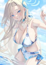 Rule 34 | 1girl, absurdres, asuna (blue archive), baffu, bikini, blonde hair, blue archive, blue bikini, blue halo, blue nails, blush, breasts, choker, day, earrings, floral print bikini, grin, hair tie, halo, highres, jewelry, large breasts, leaning forward, long hair, looking at viewer, mole, mole on breast, outdoors, smile, solo, stud earrings, swimsuit, very long hair, wading