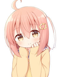 Rule 34 | 1girl, ahoge, ayanepuna, blue sailor collar, blush, brown cardigan, brown eyes, cardigan, closed mouth, commentary request, hair ribbon, hands up, head tilt, highres, long sleeves, looking at viewer, neckerchief, one side up, open cardigan, open clothes, original, pink hair, ribbon, sailor collar, school uniform, serafuku, shirt, simple background, sleeves past wrists, smile, solo, upper body, white background, white ribbon, white shirt, yellow neckerchief, yune (ayanepuna)