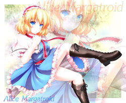 Rule 34 | 1girl, aka tawashi, alice margatroid, blonde hair, blue eyes, boots, capelet, character name, cross-laced footwear, female focus, frills, hairband, highres, knee boots, lace-up boots, leg up, puffy sleeves, sash, short hair, short sleeves, solo, touhou
