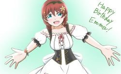 Rule 34 | 1girl, apron, aqua eyes, artist name, artist request, back bow, bare shoulders, black bow, black corset, black hairband, blue eyes, blush, bow, bow hairband, bracelet, braid, breasts, brown hair, collarbone, corset, dirndl, dress, drill hair, emma verde, evergreen (love live!), female focus, flower, flower bracelet, flower hair ornament, freckles, frilled dress, frills, german clothes, green hairband, hair between eyes, hair flower, hair ornament, hairband, hairclip, highres, hug, jewelry, long hair, looking at viewer, love live!, love live! nijigasaki high school idol club, love live! school idol festival, medium breasts, parted lips, puffy short sleeves, puffy sleeves, red hair, red ribbon, ribbon, short hair, short sleeves, smile, solo, sukeru (suke roku sushi), swiss clothes, twin braids, twintails, upper body, white apron, white bow, white dress